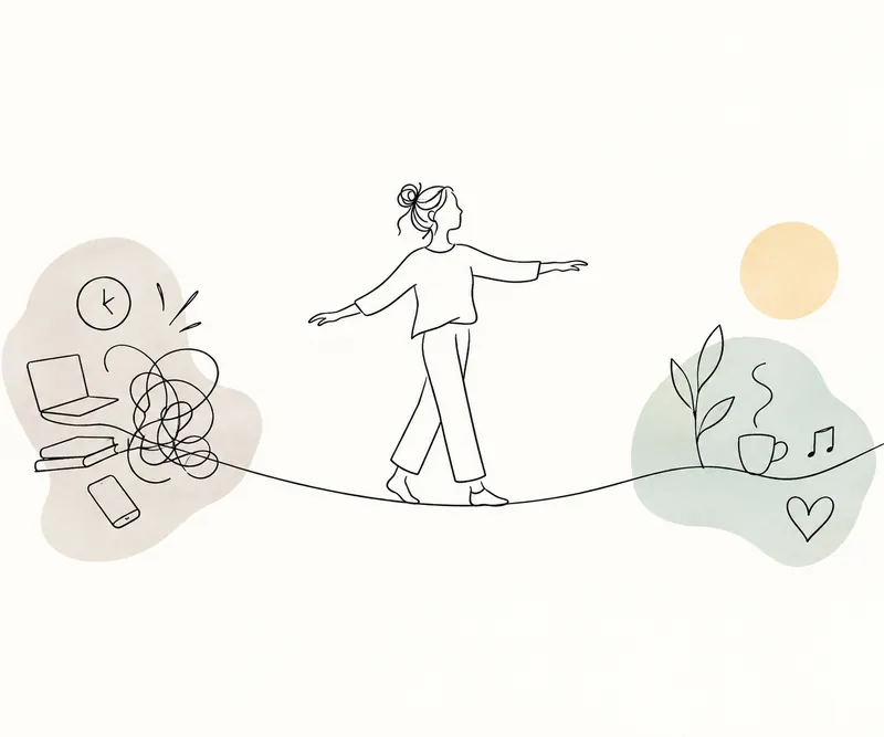 Line drawing of a person walking a tightrope between a tangle of work stress and a calm scene of tea, plants and music