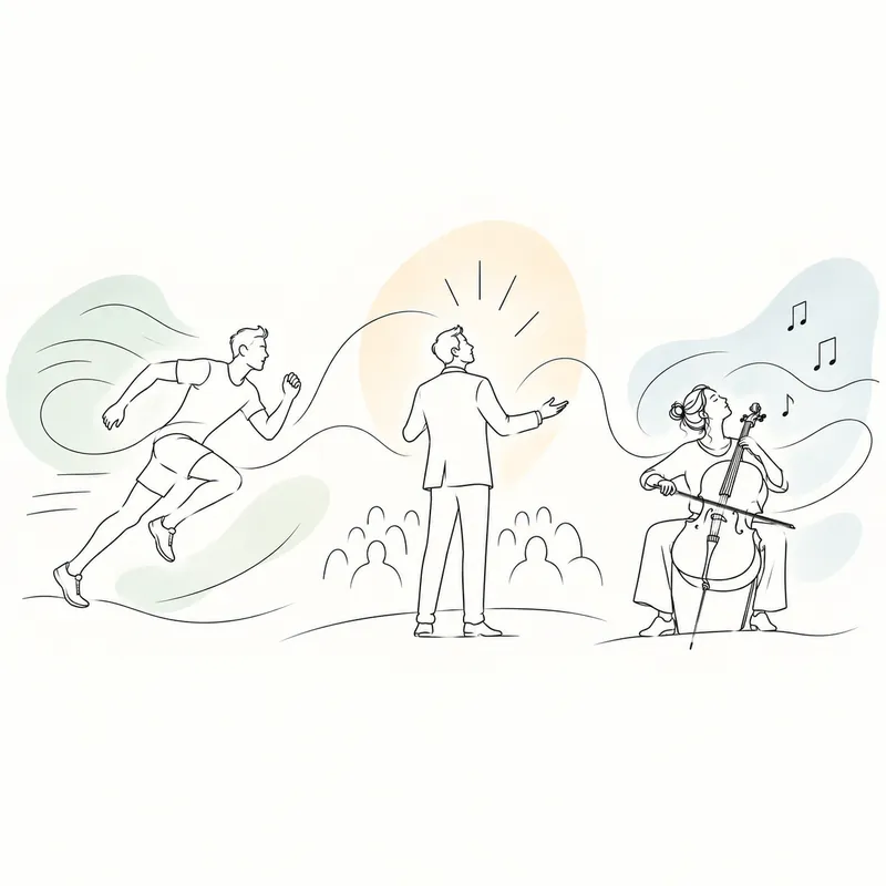 Line drawing of a runner, a speaker and a cellist, each in their moment