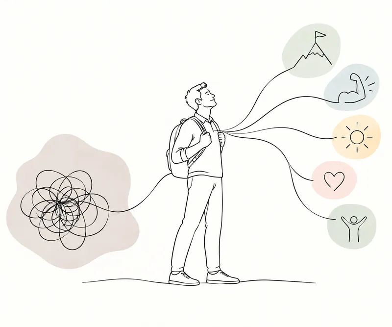 Line drawing of a student with a backpack, with lines leading to icons of a summit, strength, sun, heart and joy