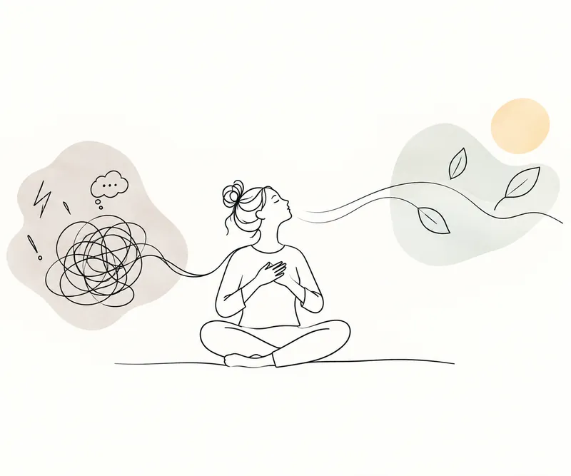 Line drawing of a person sitting cross-legged, hand on chest, breathing a tangle of worries out into calm