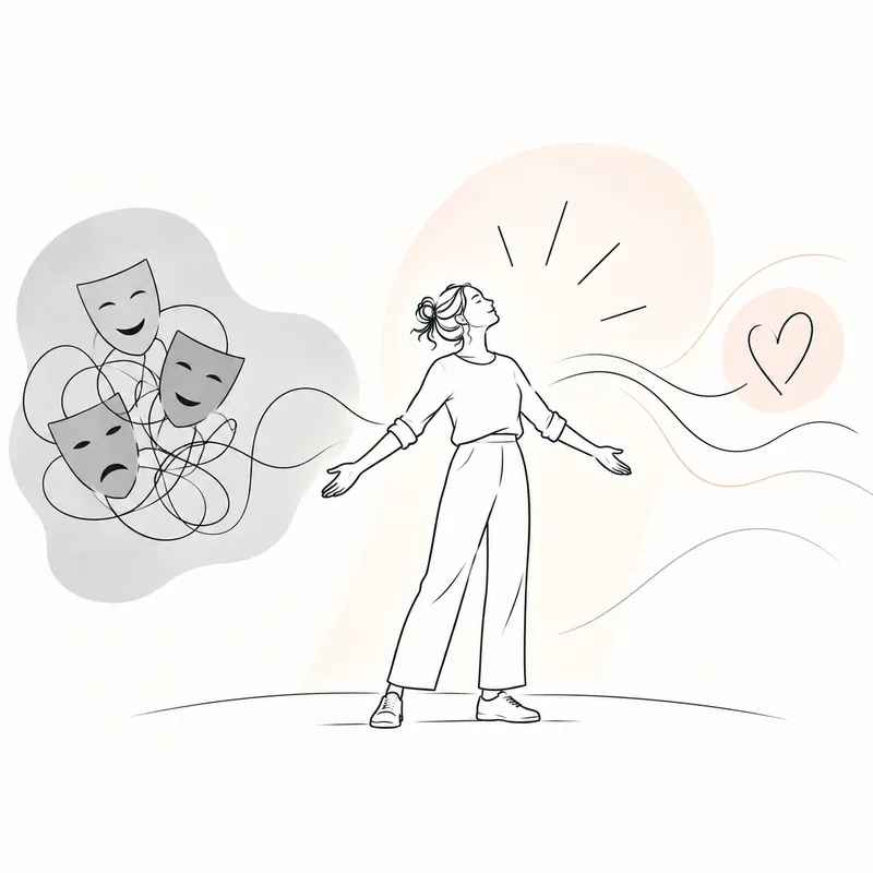 Line drawing of a woman with open arms, theatre masks tangled in a cloud beside her and a heart floating ahead