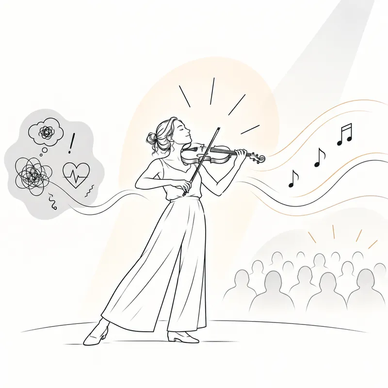 Line drawing of a violinist playing calmly on stage, tension and a racing heartbeat left in a cloud behind her