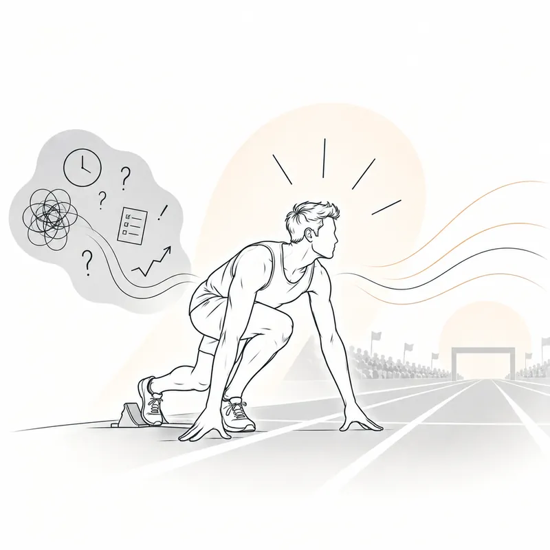 Line drawing of a runner at the starting blocks, eyes on the track, distracting thoughts left in a cloud behind him