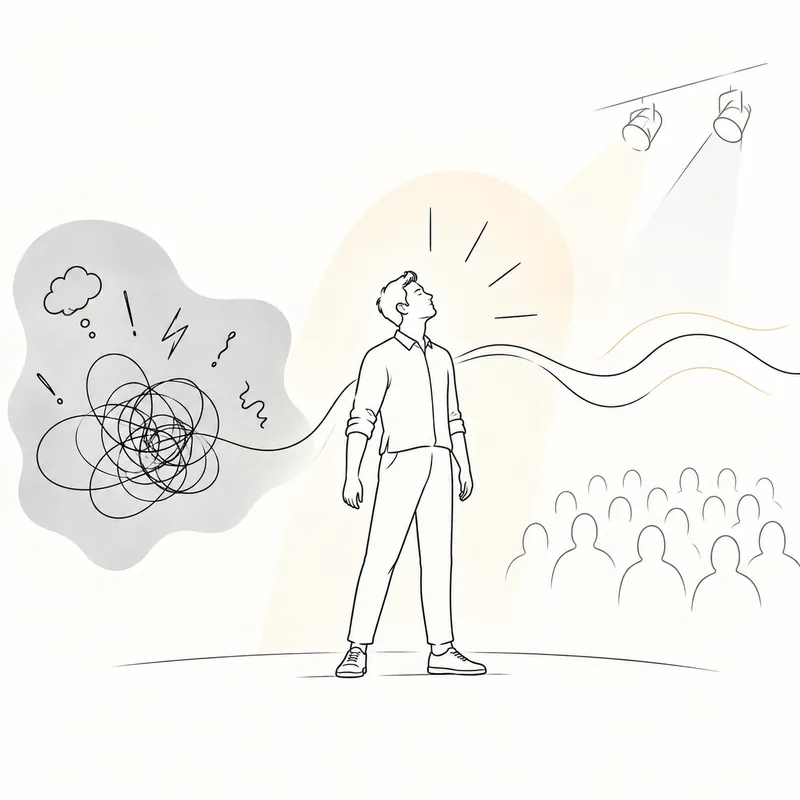 Line drawing of a man standing calmly on stage in front of an audience, a tangle of anxious thoughts left behind him