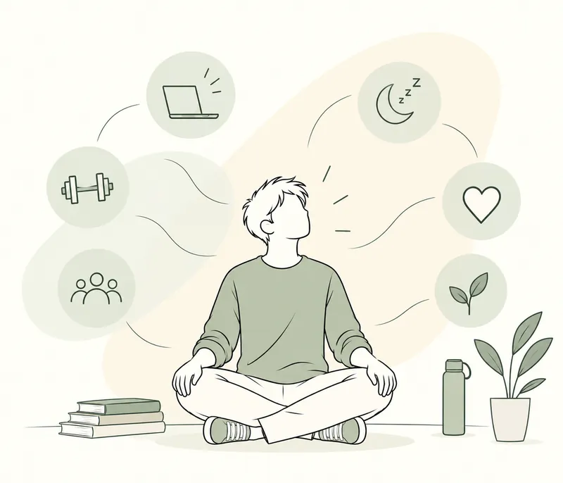 Illustration of a teenager sitting cross-legged, surrounded by icons for sleep, sport, friends and a heart
