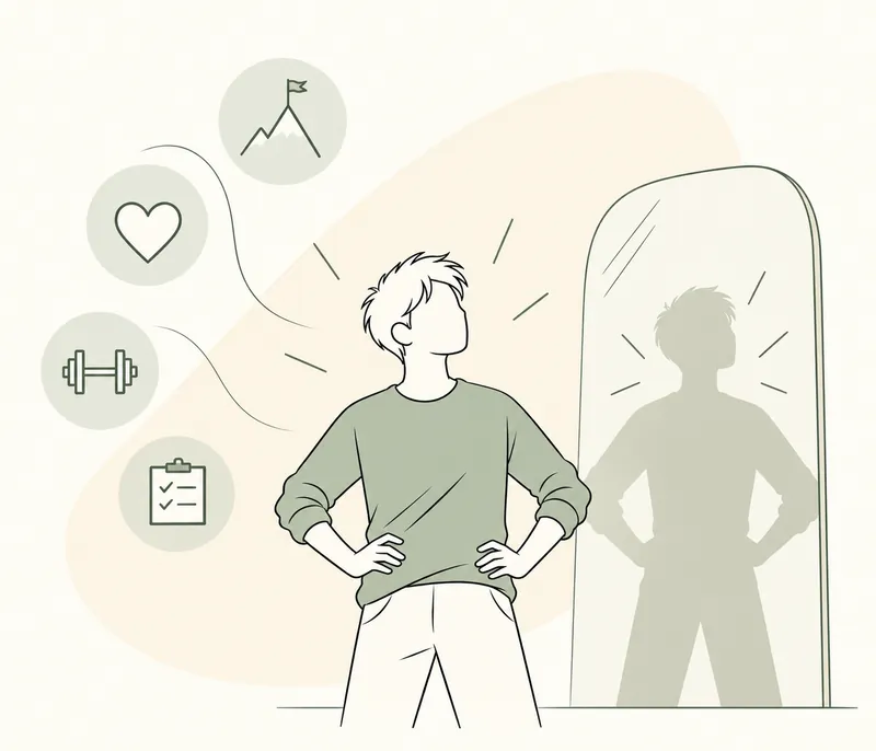 Line drawing of a teenager standing with hands on hips, looking at a strong reflection in a mirror, with icons of a summit, a heart, a dumbbell and a checklist
