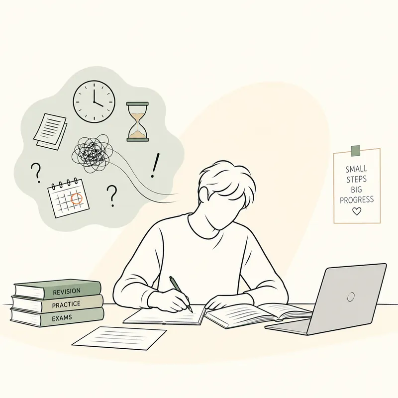 Illustration of a student at a desk with a clock, an hourglass and a calendar