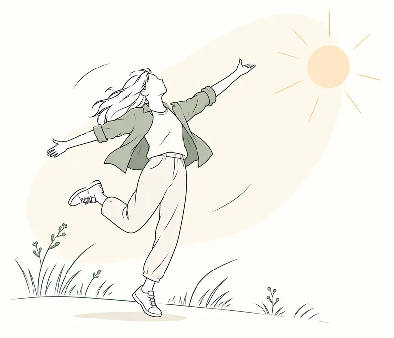 Line drawing of a young person with arms wide open, leaping happily outdoors in the sunshine